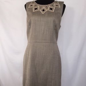 Antonio Melani career dress in taupe,beaded collar